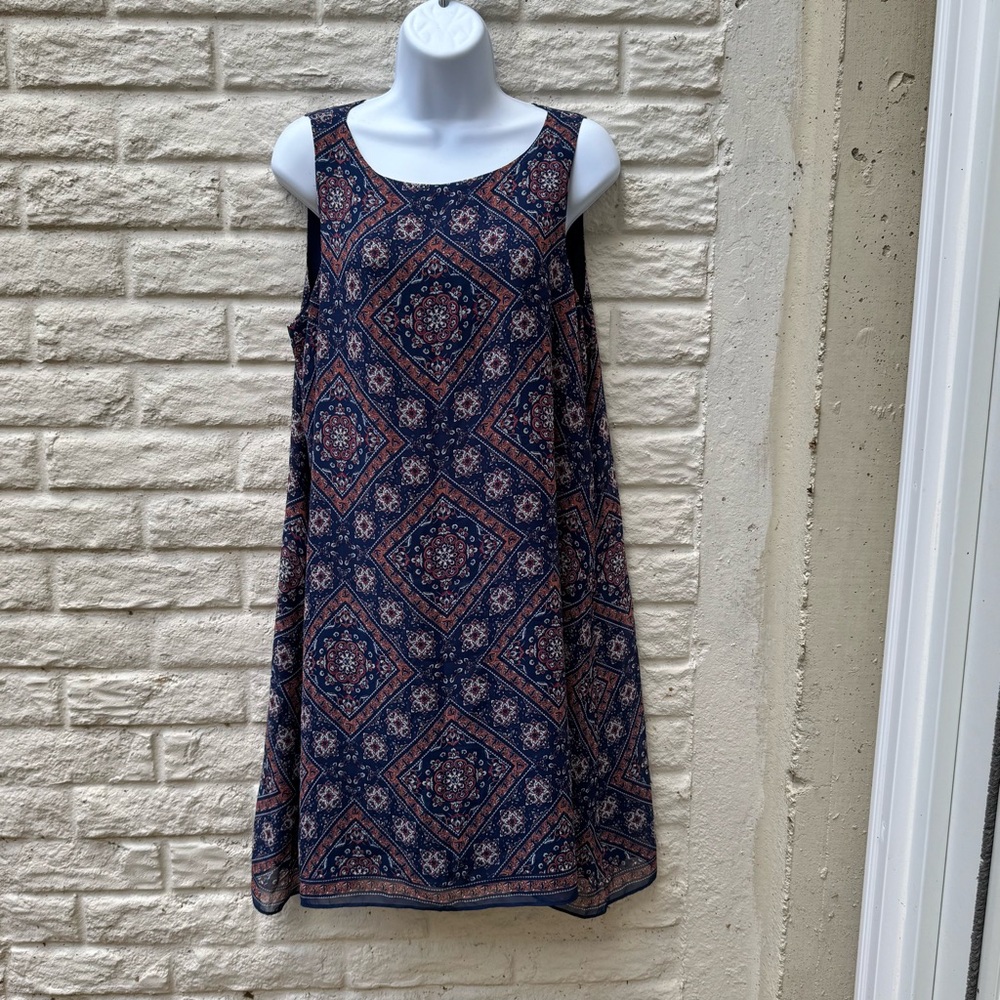 Max Studio Navy and Red Patterned Dress - L